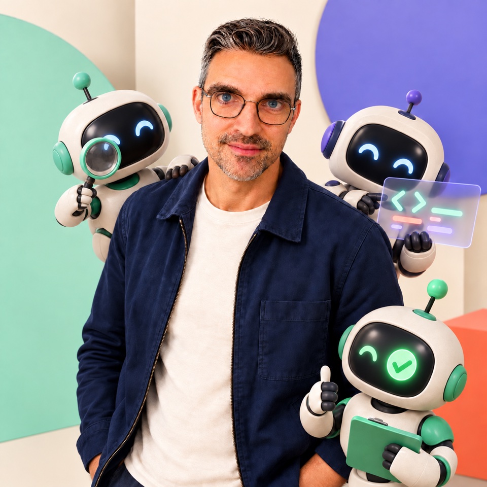 Dennis Binnekade met drie geïllustreerde robotassistenten
